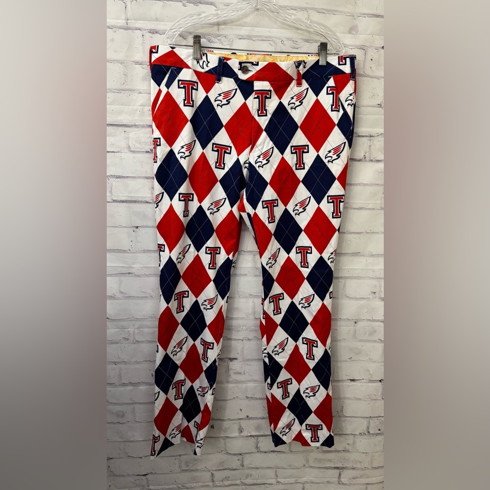 Loud Mouth Menβs 38x31 Tompkins Falcons Katy TX Red Blue Argyle Golf Pants Mr. T